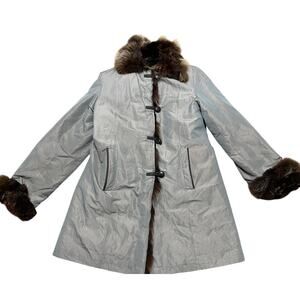 Vintage Pennylane Fur Trim Coat Gray Brown Toggle Button Closure Lined Outerwear